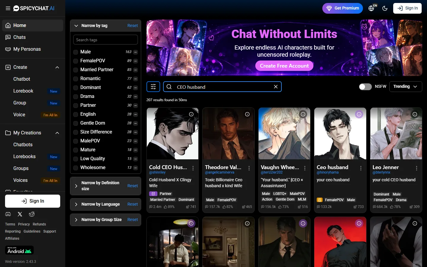 Cuadrícula de búsqueda de SpicyChat Discover filtrada a personajes de esposo CEO para adultos