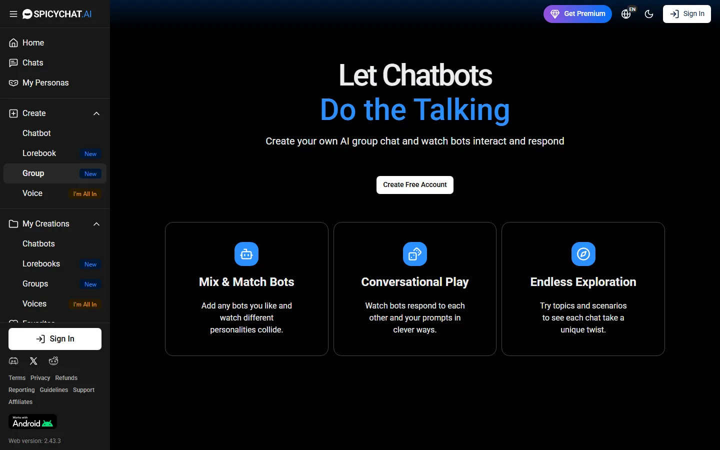 Vista general del chat grupal de SpicyChat para combinar varios bots